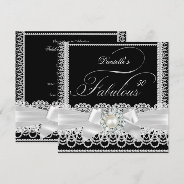 Fabulous Party Schwarz-weiß Pearl Lace Bow Einladung (Vorne/Hinten)