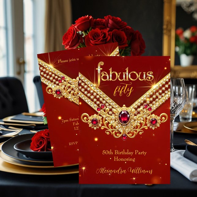 Fabulous Red Gold Diamonds Elegant Birthday Party Einladung (Von Creator hochgeladen)