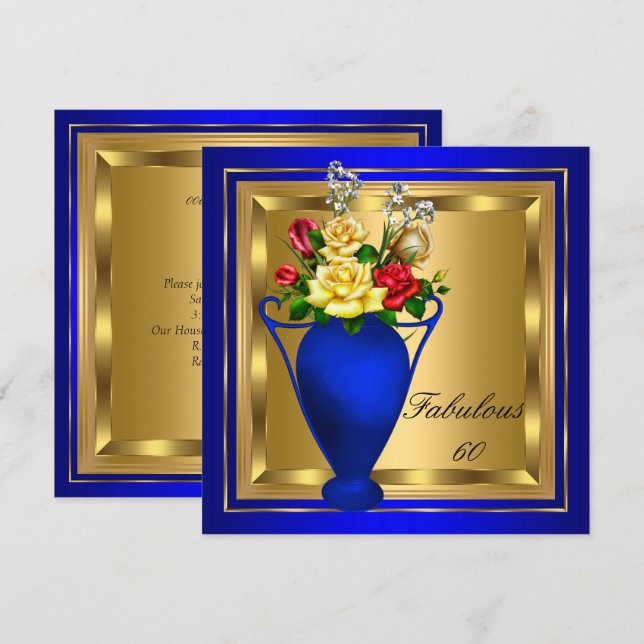 Fabulous Royal Blue Gold Rote Rosen Elite Birthday Einladung (Vorne/Hinten)