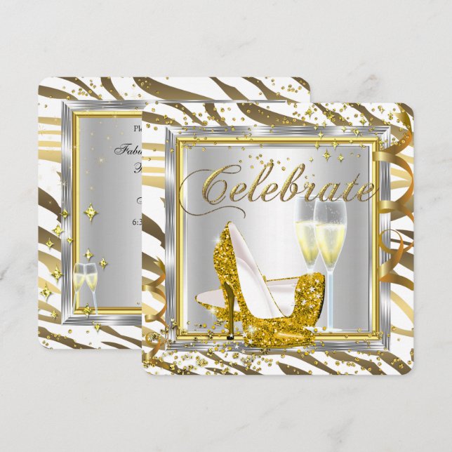 Fabulous Zebra Stripe Champagne Gold Silver Party Einladung (Vorne/Hinten)