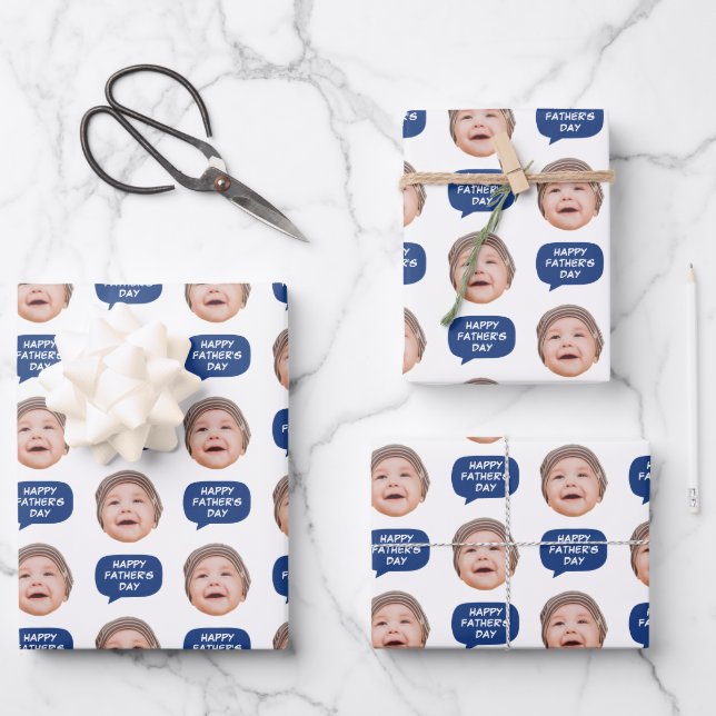 Face Photo & Word Bubble Navy Blue Geschenkpapier Set (Vorderseite)