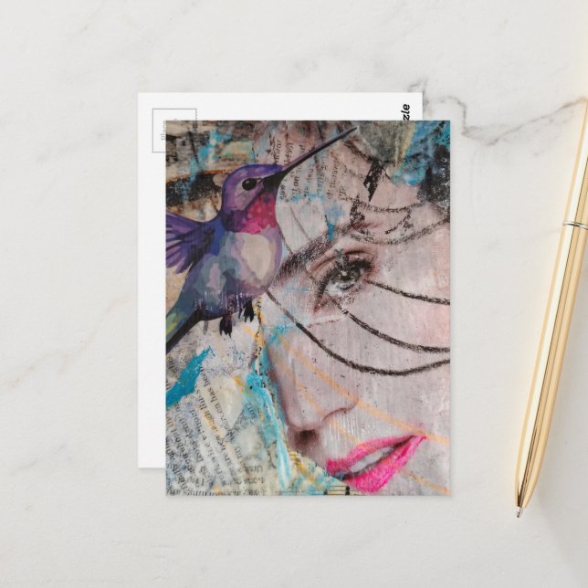 Face Random Words Hummingbird Mixed Media Collage Postkarte (Vorderseite/Rückseite Beispiel)