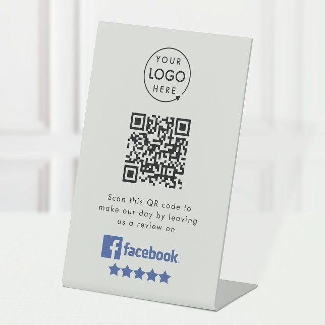 Facebook-Bewertungen | Business QR Code Grau Sockelschild (Gain Facebook reviews & grow your business with this rating request editable tabletop sign.)