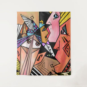 Faces Cubism Tapestry Wandteppich