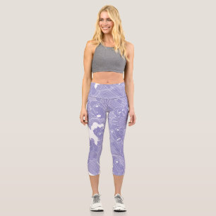 Faces in Line Art, White on Lavender Capri Leggings