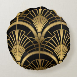 Fächer Gatsby - Schwarz und Or Art Deco Rundes Kissen