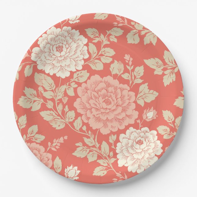 Faded Red Block Print Floral Pappteller (Vorderseite)