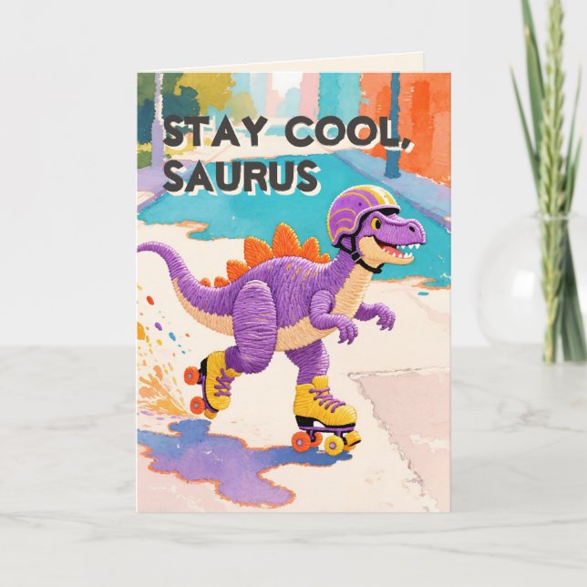 Fadenbemalte Kunst | Dinosaurier gefalteter Geburt Karte (Vorderseite)