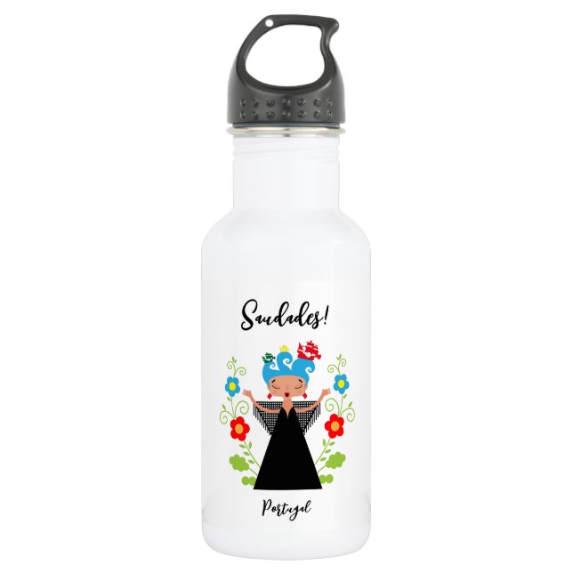 Fado-Sängerin mit portugiesischen Karawanenschiffe Edelstahlflasche (Vorderseite)