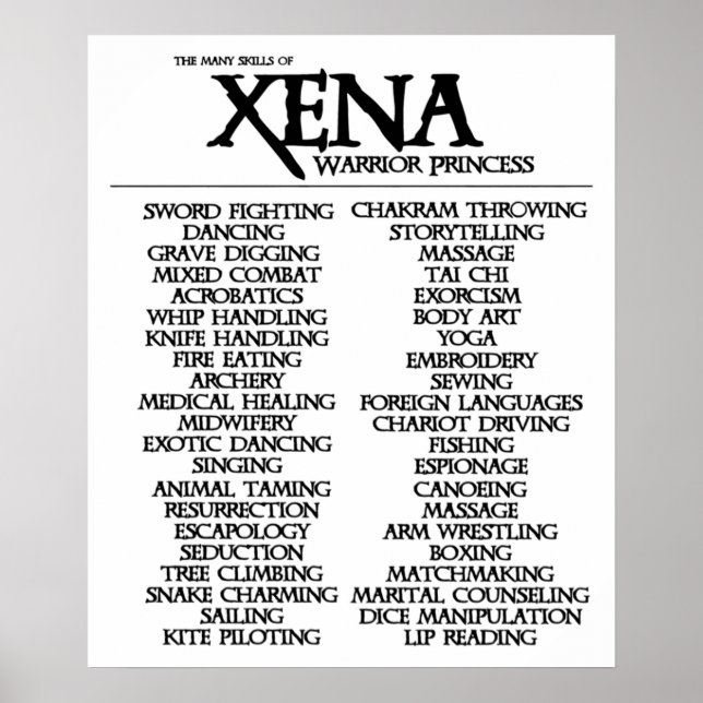 Fähigkeiten von XENA Poster (Vorne)