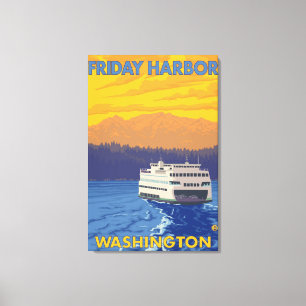 Fähre und Berge - Freitag-Hafen, Washington Leinwanddruck