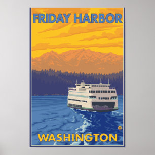 Fähre und Berge - Freitag-Hafen, Washington Poster