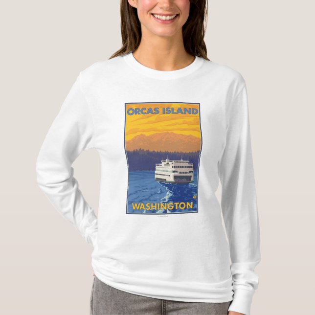 Fähre und Berge - Schwertwale Insel, Washington T-Shirt (Vorderseite)
