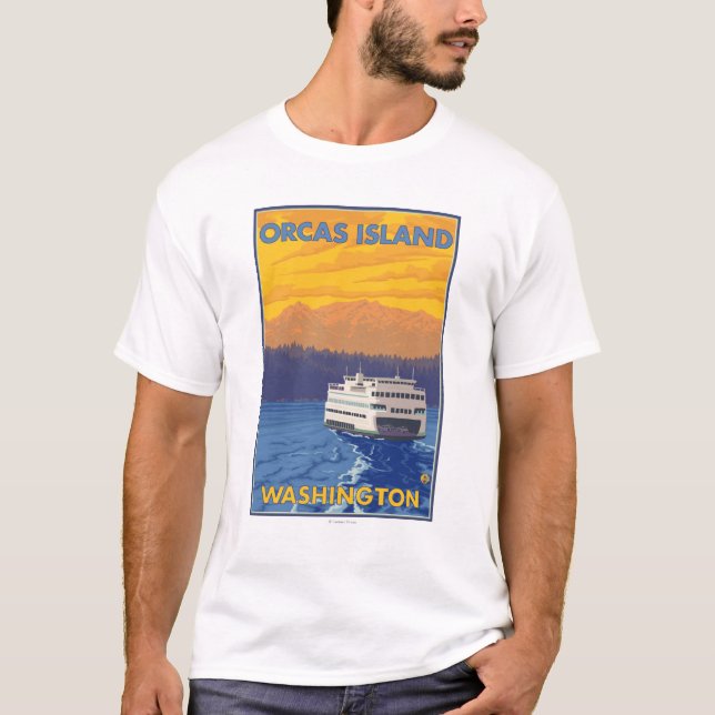 Fähre und Berge - Schwertwale Insel, Washington T-Shirt (Vorderseite)
