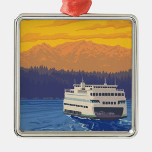 Fähre und Berge - Seattle, Washington Silbernes Ornament
