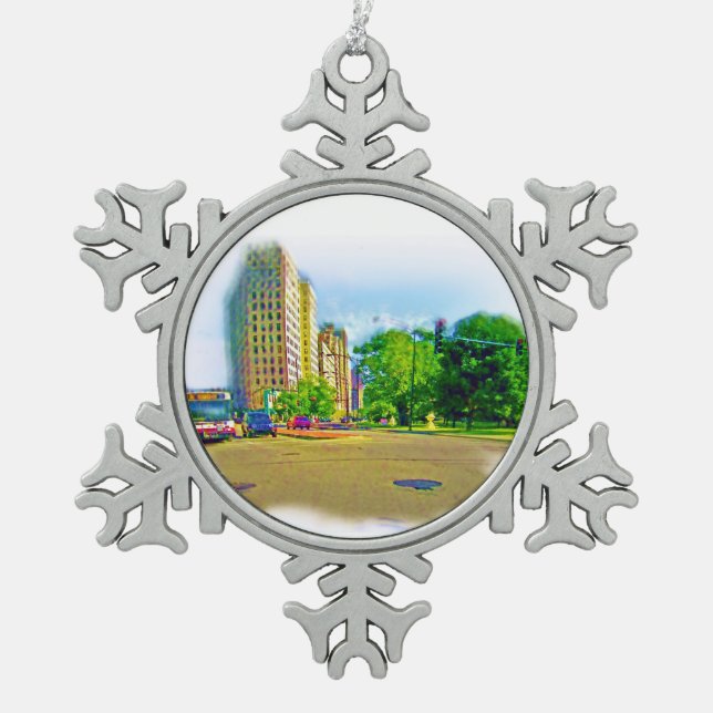 Fahren durch die Lincoln Avenue Schneeflocken Zinn-Ornament (Vorderseite)