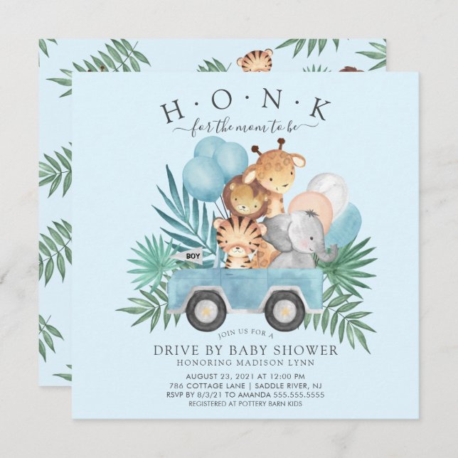Fahren mit Jungle Animals Boys Baby Dusche Einladung (Vorne/Hinten)