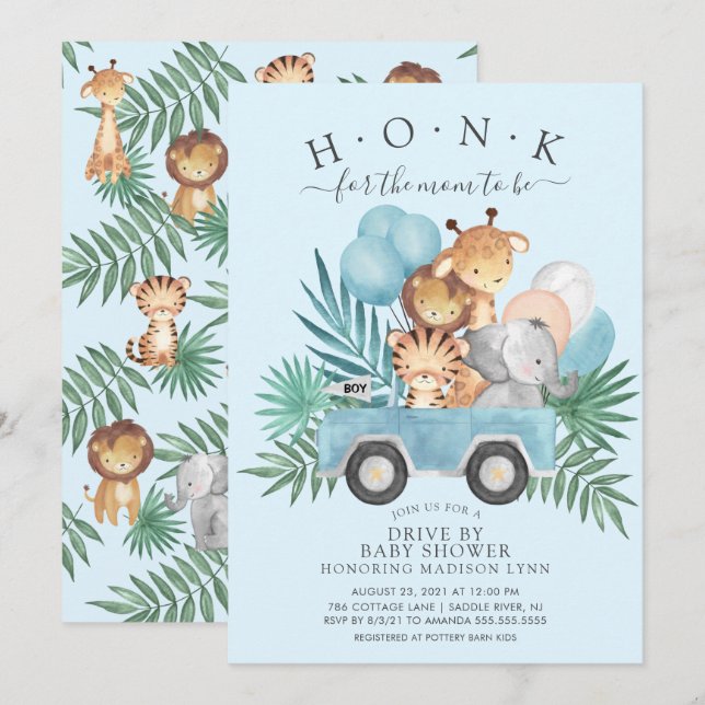 Fahren mit Jungle Animals Boys Baby Dusche Einladung (Vorne/Hinten)