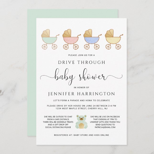 Fahren Sie durch die Babydusche | Retro Carriages  Einladung (Vorne/Hinten)