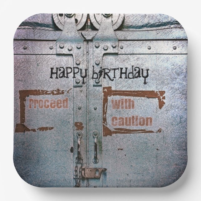 Fahren Sie mit Vorsicht mit blaugrauem Industriezw Pappteller (Vorderseite)