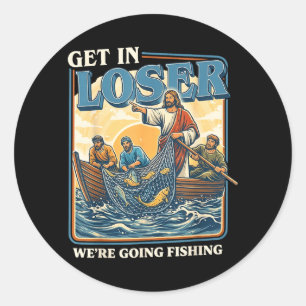 Fahren wir angeln Retro Jesus Angler Humor Runder Aufkleber