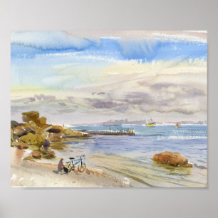 Fahrrad an einem ruhigen Muschelstrand Aquarell Poster