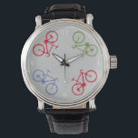Fahrrad , Fahrrad ; Radfahren Armbanduhr<br><div class="desc">Elegantes Fahrraddesign. Vier Fahrräder im Kreis. Hey Biker! Verspäte dich nie für die Fahrradtour - du kannst sie bearbeiten ("Anpassen"-Taste) und die Hintergrundfarbe ändern</div>