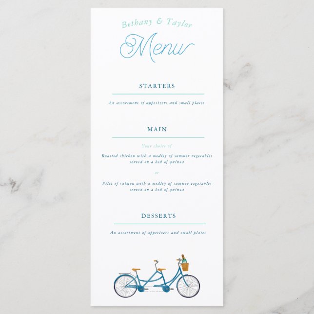 Fahrrad für zwei Wasserfarben Tandem Bike Menu Menükarte (Vorderseite)