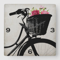 Fahrrad-Korb mit Pfingstrosen-Wanduhr