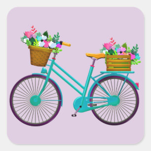 Fahrrad mit Blume im Korbfahrrad Quadratischer Aufkleber
