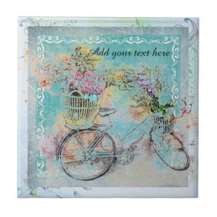 Fahrrad mit Blume-Körben auf blauem Schoß Fliese