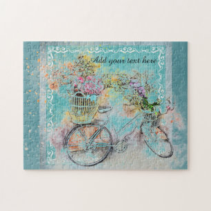Fahrrad mit Blumenkörben auf blauer Leinwand Puzzle