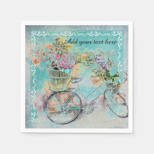 Fahrrad mit Blumenkörben auf blauer Leinwand Serviette