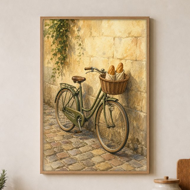 Fahrrad mit Brotkorb Wasserfarbenposter Poster (Shown framed for scale. Poster ships unframed; frames are an optional add-on.)