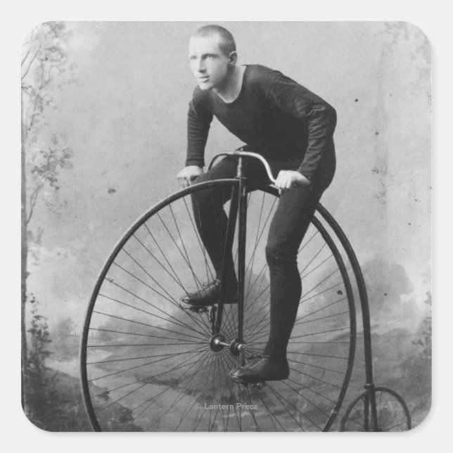 Fahrrad mit großem Vorderrad Quadratischer Aufkleber (Vorderseite)