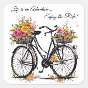 Fahrrad mit Korb rosa gelborange Blume Quadratischer Aufkleber