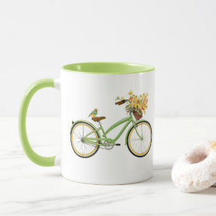 Fahrrad mit Vogel und Blumenkorb Grün Gelb Tasse