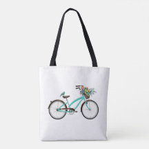 Fahrrad mit Vogel und Blumenkorb Türkisblau