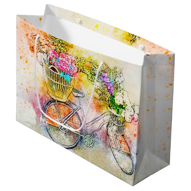 Fahrrad und Blume Große Geschenktüte (Vorderseite Schrägansicht)