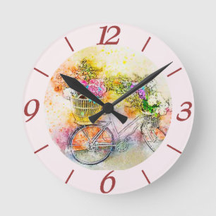 Fahrrad und Blumen Runde Wanduhr