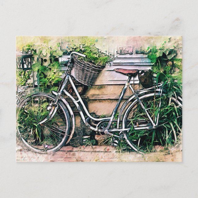 Fahrrad und Korb im Garten Postkarte (Vorderseite)