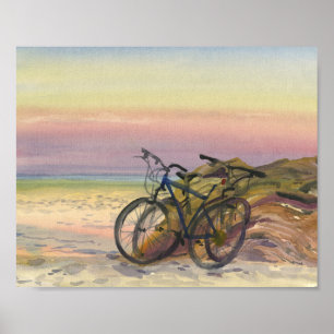 Fahrräder am Meer bei Sonnenuntergang Aquarell Poster