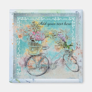 Fahrräder mit Blume-Körben auf blauer Einladung Magnet