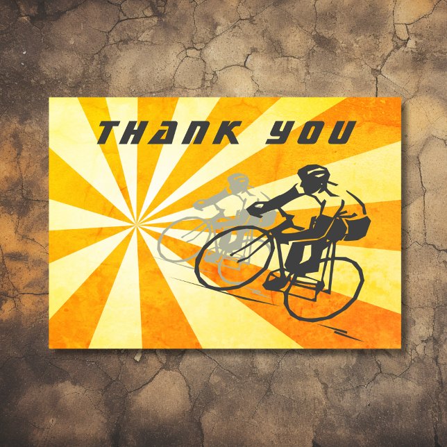 Fahrradfahrer mit Retro Sunburst Dankeskarte (Front - Road Cyclists with Retro Sunburst Thank You Card)