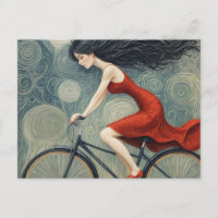 Fahrradlady in einem roten Kleid