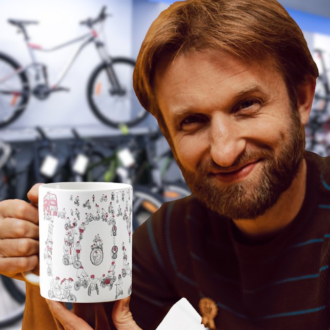 Fahrradtour Art Kaffeetasse (Cyclists riding bicycles line art london typography coffee mug for cycling sport enthusiasts )