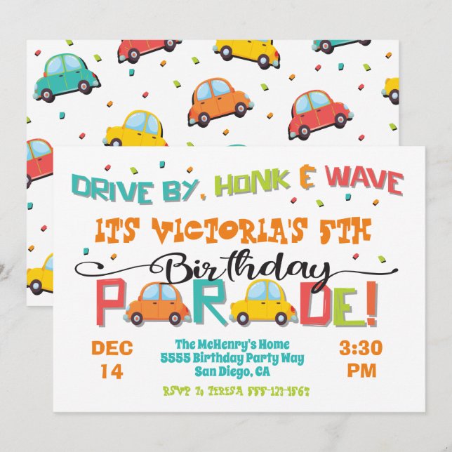 Fahrt durch Geburtstagsparade Einladung (Vorne/Hinten)
