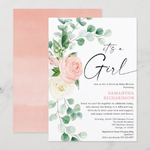 Fahrt mit der Babydusche Feder Blumenrosa Grün Einladung
