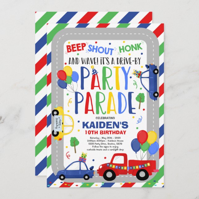 Fahrt mit der Birthday Parade Einladung Blauer Par (Vorne/Hinten)