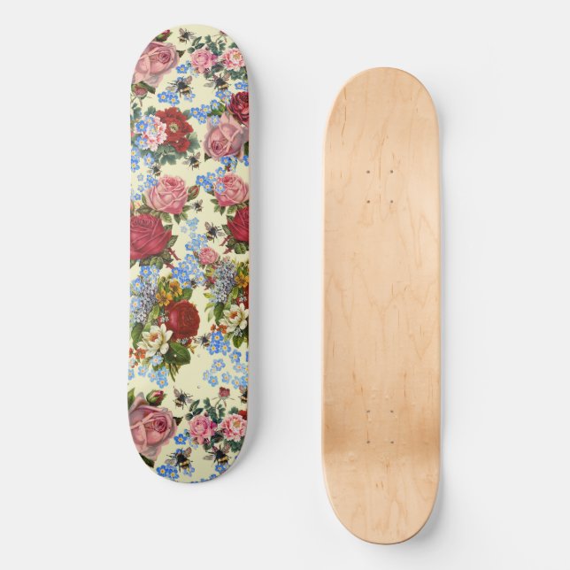 Fahrt mit Rose, Vergessen-Me-Nots und Bienen Skateboard (Vorderseite)
